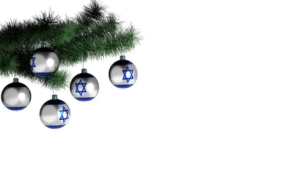 Μπάλες Χριστουγέννων Κρέμονται Ένα Χριστουγεννιάτικο Δέντρο Λευκό Φόντο Σημαία Του — Φωτογραφία Αρχείου
