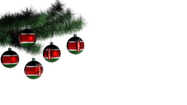 Palline Natale Appese Albero Natale Sfondo Bianco Bandiera Kenya Dipinta — Foto Stock