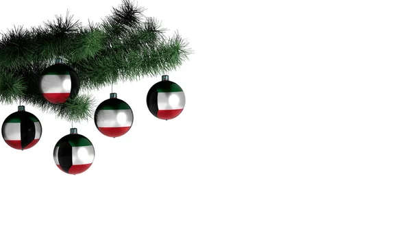 Beyaz arka planda Noel ağacına asılı 5 Noel topu. Kuveyt bayrağı taşaklara çizilmiş.