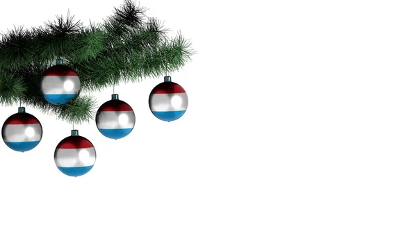 Beyaz arka planda Noel ağacına asılı 5 Noel topu. Lüksemburg bayrağı taşaklara boyanmış.