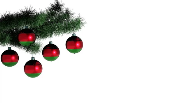 Bolas Navidad Colgando Árbol Navidad Sobre Fondo Blanco Bandera Malawi — Foto de Stock