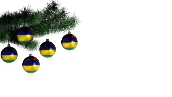 5个圣诞球挂在圣诞树上 白色背景上 球上涂满了毛里求斯国旗 — 图库照片