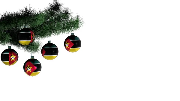 Weihnachtskugeln Hängen Einem Weihnachtsbaum Auf Weißem Hintergrund Die Flagge Mosambiks — Stockfoto