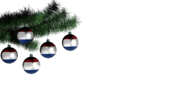 Рождественских Шаров Висят Елке Белом Фоне Флаг Нидерландов Нарисован Шарах — стоковое фото