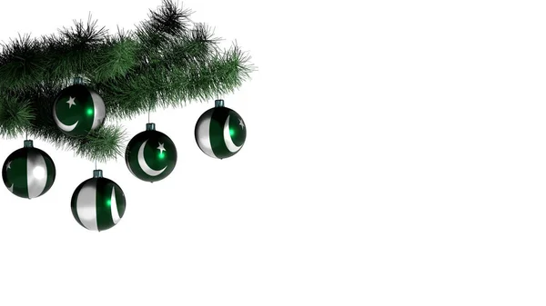 Beyaz arka planda Noel ağacına asılı 5 Noel topu. Pakistan bayrağı taşaklara boyanmış.