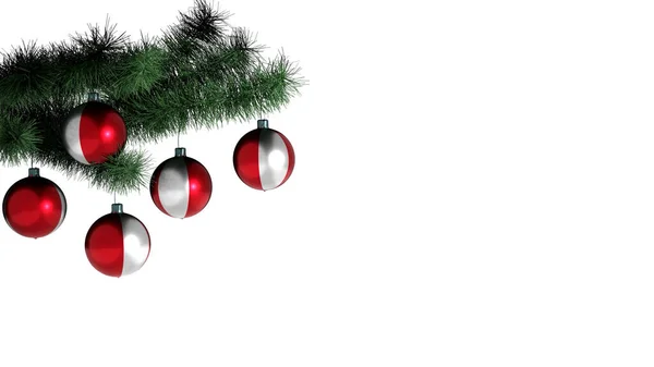 5个圣诞球挂在圣诞树上 白色背景上 秘鲁的国旗涂在球上 — 图库照片