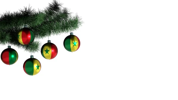 Beyaz arka planda Noel ağacına asılı 5 Noel topu. Senegal bayrağı taşaklara boyanmış.