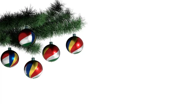 Boules Noël Suspendues Sur Sapin Noël Sur Fond Blanc Drapeau — Photo