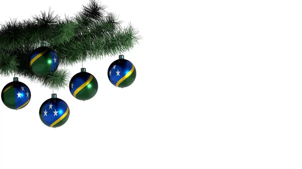 Vánoční Koule Visí Vánočním Stromečku Bílém Pozadí Vlajka Šalamounových Ostrovů — Stock fotografie