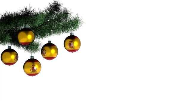 Weihnachtskugeln Hängen Einem Weihnachtsbaum Auf Weißem Hintergrund Die Flagge Spaniens — Stockfoto