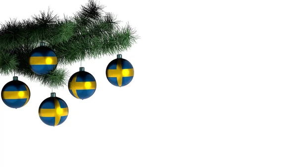 Palline Natale Appese Albero Natale Sfondo Bianco Bandiera Sweden Dipinta — Foto Stock