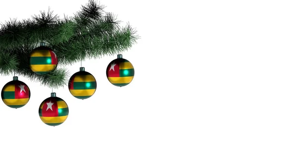 Beyaz arka planda Noel ağacına asılı 5 Noel topu. Togo bayrağı taşaklara boyanmış.