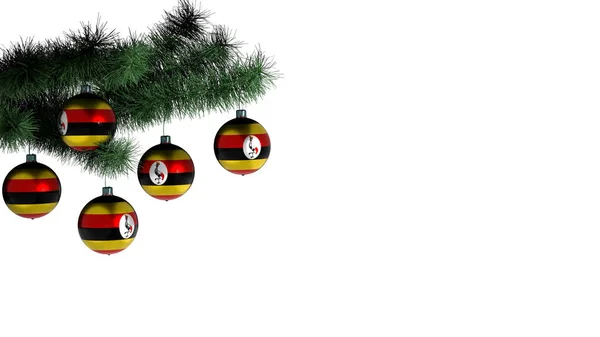 Beyaz arka planda Noel ağacına asılı 5 Noel topu. Uganda bayrağı taşaklara boyanmış.