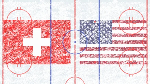 Mecz Hokejowy Szwajcaria Usa Flagi Krajów Biorących Udział Meczu Wylosowane — Zdjęcie stockowe