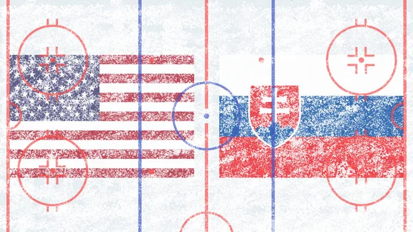 Hokey maçı, ABD - Slovakya maçı. Maça katılan ülkelerin bayrakları buza asıldı