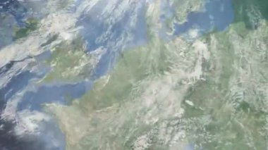 Dünyanın uzaydan şehire yakınlaşması. Üç boyutlu animasyon. Almanya 'nın Duisburg şehrine yakınlaş. Video görüntülerini stokla. 4K