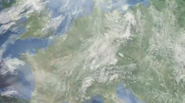 Dünyanın uzaydan şehire yakınlaşması. Üç boyutlu animasyon. Almanya 'nın Mannheim şehrine yakınlaş. Video görüntülerini stokla. 4K