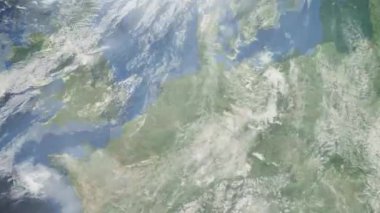 Dünyanın uzaydan şehire yakınlaşması. Üç boyutlu animasyon. Almanya 'nın Munster şehrine yakınlaş. Video görüntülerini stokla. 4K