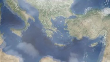 Dünyanın uzaydan şehire yakınlaşması. Üç boyutlu animasyon. Yunanistan 'ın Peristeri şehrine yakınlaş. Video görüntülerini stokla. 4K