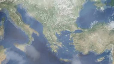 Dünyanın uzaydan şehire yakınlaşması. Üç boyutlu animasyon. Yunanistan 'ın Selanik kentine yakınlaş. Video görüntülerini stokla. 4K