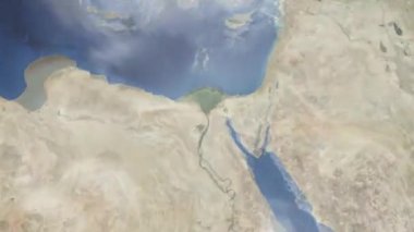 Dünyanın uzaydan şehire yakınlaşması. Üç boyutlu animasyon. Mısır 'ın Giza şehrine yakınlaş. Video görüntülerini stokla. 4K