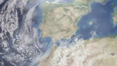 Dünyanın uzaydan şehire yakınlaşması. Üç boyutlu animasyon. İspanya 'nın Cordova şehrine yakınlaş. Video görüntülerini stokla. 4K