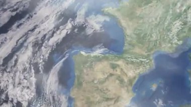 Dünyanın uzaydan şehire yakınlaşması. Üç boyutlu animasyon. İspanya 'nın Gijon şehrine yakınlaş. Video görüntülerini stokla. 4K