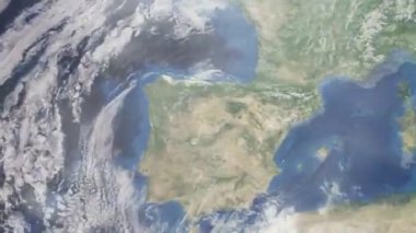 Dünyanın uzaydan şehire yakınlaşması. Üç boyutlu animasyon. İspanya 'nın Valladolid şehrine yakınlaş. Video görüntülerini stokla. 4K