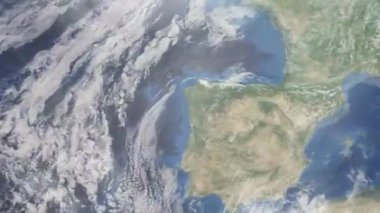 Dünyanın uzaydan şehire yakınlaşması. Üç boyutlu animasyon. İspanya 'nın Vigo şehrine yakınlaş. Video görüntülerini stokla. 4K