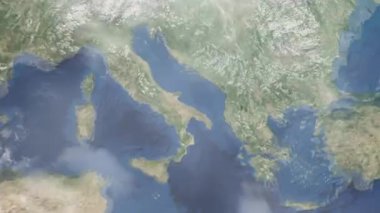 Dünyanın uzaydan şehire yakınlaşması. Üç boyutlu animasyon. İtalya 'nın Bari şehrine yakınlaş. Video görüntülerini stokla. 4K