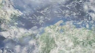 Dünyanın uzaydan şehire yakınlaşması. Üç boyutlu animasyon. Kolombiya 'nın Barranquilla şehrine yakınlaş. Video görüntülerini stokla. 4K