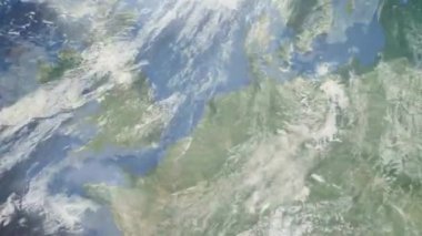 Dünyanın uzaydan şehire yakınlaşması. Üç boyutlu animasyon. Hollanda 'nın Almere şehrine yakınlaş. Video görüntülerini stokla. 4K