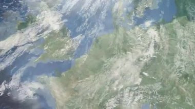 Dünyanın uzaydan şehire yakınlaşması. Üç boyutlu animasyon. Hollanda 'nın Eindhoven şehrine yakınlaş. Video görüntülerini stokla. 4K