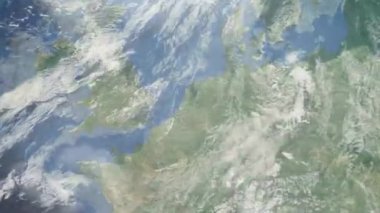 Dünyanın uzaydan şehire yakınlaşması. Üç boyutlu animasyon. Hollanda 'nın Utrecht şehrine yakınlaş. Video görüntülerini stokla. 4K