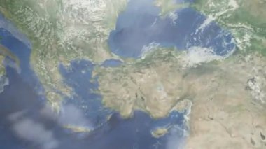Dünyanın uzaydan şehire yakınlaşması. Üç boyutlu animasyon. Türkiye 'nin Eskisehir şehrine yakınlaş. Video görüntülerini stokla. 4K