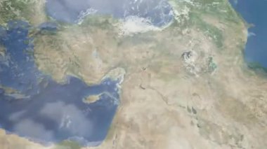Dünyanın uzaydan şehire yakınlaşması. Üç boyutlu animasyon. Türkiye 'nin Gaziantep kentine yakınlaş. Video görüntülerini stokla. 4K