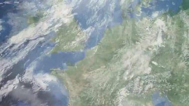 Dünyanın uzaydan şehire yakınlaşması. Üç boyutlu animasyon. Fransa 'nın Lille şehrine yakınlaş. Video görüntülerini stokla. 4K