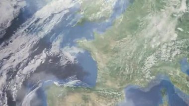 Dünyanın uzaydan şehire yakınlaşması. Üç boyutlu animasyon. Fransa 'nın Nantes şehrine yakınlaş. Video görüntülerini stokla. 4K
