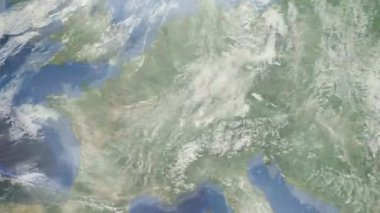 Dünyanın uzaydan şehire yakınlaşması. Üç boyutlu animasyon. Fransa 'nın Strazburg şehrine yakınlaş. Video görüntülerini stokla. 4K