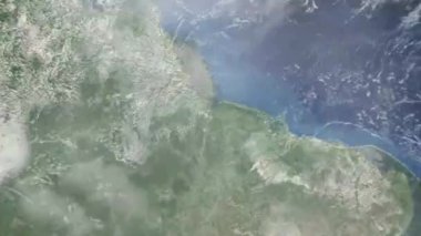 Dünyanın uzaydan şehire yakınlaşması. Üç boyutlu animasyon. Brezilya 'nın Belen şehrine yakınlaş. Video görüntülerini stokla. 4K