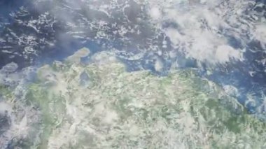 Dünyanın uzaydan şehire yakınlaşması. Üç boyutlu animasyon. Venezuela 'nın Maracay şehrine yakınlaş. Video görüntülerini stokla. 4K