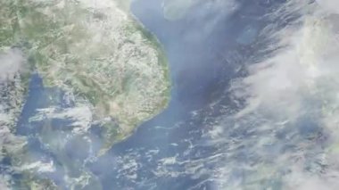 Dünyanın uzaydan şehire yakınlaşması. Üç boyutlu animasyon. Vietnam 'ın Nha Trang şehrine yakınlaş. Video görüntülerini stokla. 4K