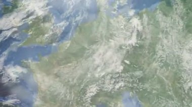 Dünyanın uzaydan şehire yakınlaşması. Üç boyutlu animasyon. Almanya 'nın Wiesbaden şehrine yakınlaşın. Video görüntülerini stokla. 4K