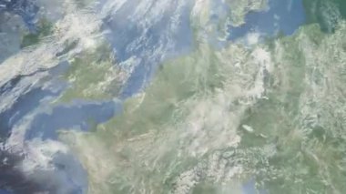 Dünyanın uzaydan şehire yakınlaşması. Üç boyutlu animasyon. Almanya 'nın Monchengladbach şehrine yakınlaşın. Video görüntülerini stokla. 4K