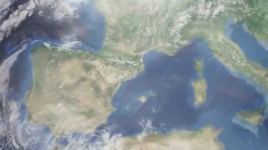 Dünyanın uzaydan şehire yakınlaşması. Üç boyutlu animasyon. İspanya 'nın Sabadell şehrine yakınlaş. Video görüntülerini stokla. 4K