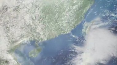 Dünyanın uzaydan şehire yakınlaşması. Üç boyutlu animasyon. Çin 'in Huizhou şehrine yakınlaşın. Video görüntülerini stokla. 4K
