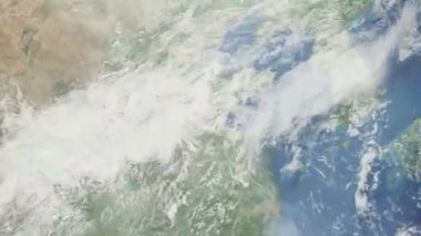 Dünyanın uzaydan şehire yakınlaşması. Üç boyutlu animasyon. Çin 'in Linyi şehrine yakınlaşın. Video görüntülerini stokla. 4K