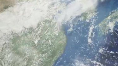 Dünyanın uzaydan şehire yakınlaşması. Üç boyutlu animasyon. Çin 'in Nantong şehrine yakınlaş. Video görüntülerini stokla. 4K