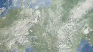 Dünyanın uzaydan şehire yakınlaşması. Üç boyutlu animasyon. Polonya 'nın Katowice şehrine yakınlaş. Video görüntülerini stokla. 4K