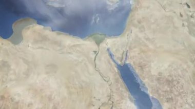 Dünyanın uzaydan şehire yakınlaşması. Üç boyutlu animasyon. Beni-Sueyf, Mısır 'a yakınlaş. Video görüntülerini stokla. 4K